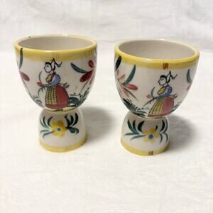 Vintage Hand-Painted Egg Cups – French Folk Art Style (Set of 2)